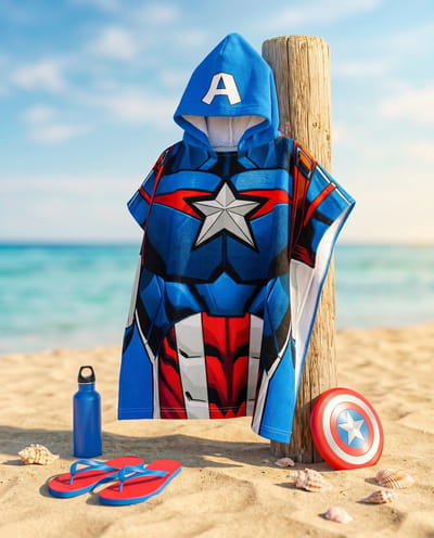 Strandponcho Captain America Marvel 55x110cm – Capuchon Logo A – 100% Polyester – Officiële Marvel Licentie