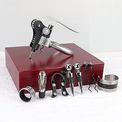 Antieke houten kist wijn accessoires gift set, konijn wijn opener, wijn kurkentrekker wijn stopper en wijn tuit set (rood 01)