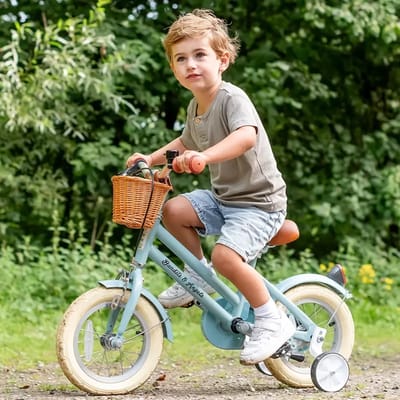 Kinderfiets 12 inch met zijwieltjes blauw, vanaf 3 jaar Retro Rider met mandje - Bandits and Angels