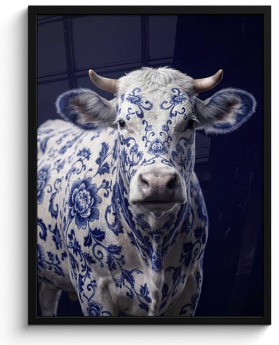 Poster in lijst - Fotolijst 60x80 cm - Posters - Koe - Delfts - Blauw - Artistiek - Posterlijst zwart - Decoratie - Wanddecoratie woonkamer - Muurdecoratie slaapkamer