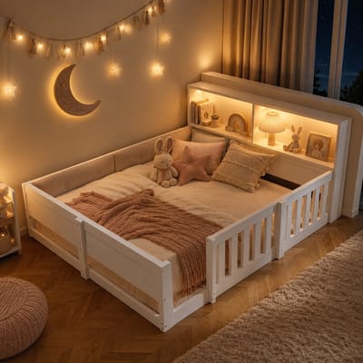 Kinderbed 140x200 cm - Tweepersoonsbed - Vloerbed - Multifunctioneel bed - Met veiligheidsleuning - Met led-lichtstrip - Hoofdbord met opbergruimte - Met een gewatteerde rugleuning - Wit