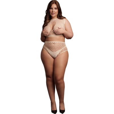 Shots - Le Désir DES027BEGOSX - Duo Net Key-Hole Bra Set - Queen Size - Sandy Beach XL - XXXXL