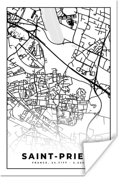 Poster Plattegrond – Saint-Priest - Kaart – Frankrijk – Stadskaart - Zwart wit - 120x180 cm XXL