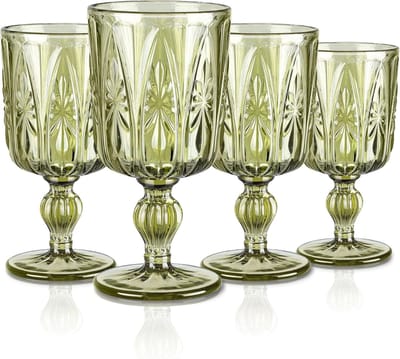 Set van 4 Vintage Groene Wijnglazen met Reliëf, 300ml Drinkglazen