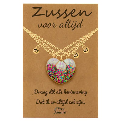 BFF Ketting voor 3 'Zussen voor altijd' - Magnetisch Glitter Hartje - Vriendschapsketting op Cadeau Kaartje - 45cm + 5cm verstelbaar - Goudkleurig - Sisters Hanger - Pax Amare