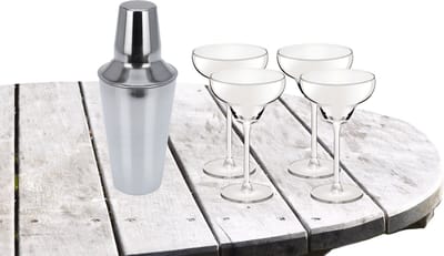 Cocktailshaker zilver 500 ML met 4x Cocktailglazen Margarita transparant 300 ML