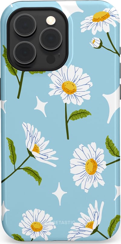 Casetastic hoesje geschikt voor Apple iPhone 15 Pro Max - MagSafe - Dubbellaagse bescherming - Margrietjes in de Wind - Fashion Case - Lichtblauw Wit Groen