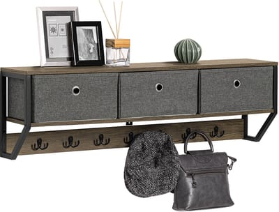 SoBuy FHK26-N Wandkapstok met Plank en 3 Manden – Industrieel Muurkapstok met 7 Haken – Hout & Metaal – 100x20x30cm – Halmeubel