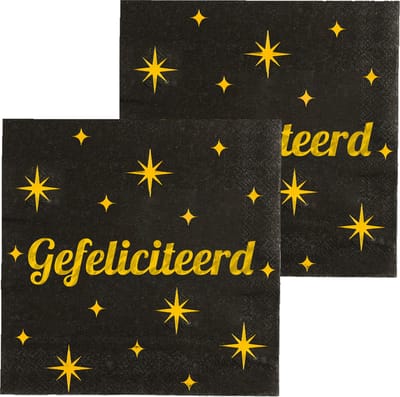 Paperdreams Verjaardag feest servetten - Gefeliciteerd - 32x stuks - zwart/goud - 33 x 33 cm
