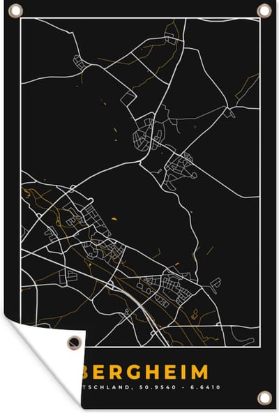 Muurdecoratie Duitsland – Black and Gold – Bergheim – Stadskaart – Kaart – Plattegrond - 120x180 cm - Tuinposter - Tuindoek