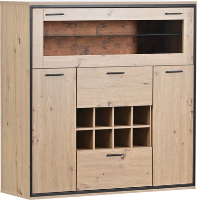 Merax Wijnkast met LED Verlichting – Houten Drankkast met Glazen Plank en Wijnrek – Moderne Dressoir Kast met Opbergruimte – 110x38x111 cm – Eikenlook Bruin met Zwart