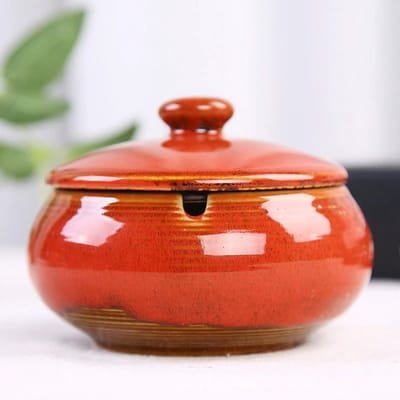 Rood gebakken in de oven- Keramische Asbak met Deksel - Retro Glazuur - Anti-geur - Rookhouder - Voor Binnen & Buiten-11.2*9cm