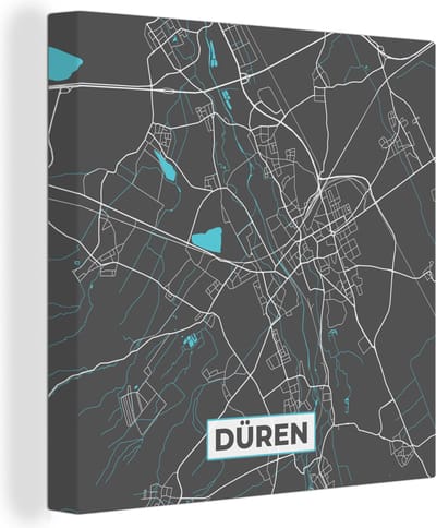 Canvas Schilderij Duitsland – Blauw – Düren – Stadskaart – Kaart – Plattegrond - 20x20 cm - Wanddecoratie