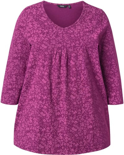 Ulla Popken - Dames - Shirt bloemen sierplooien A-lijn V-hals 3/4-mouwen - Framboos - Maat 46+
