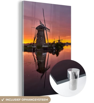 ® Glasschilderij 120x180 cm - Schilderij acrylglas - Molens - Horizon - Nacht - Foto op glas - Muurdecoratie woonkamer - Wanddecoratie slaapkamer - Schilderijen