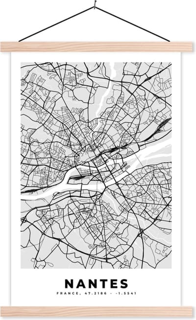 Posterhanger incl. Poster 40x60 cm - Schoolplaat - Kaart - Stadskaart - Nantes - Plattegrond - Frankrijk - Textielposter - Blanke latten - Stadskaart