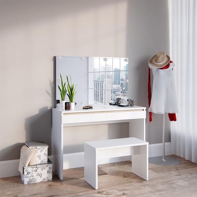 Witte Kaptafel 120 cm met Spiegel, LED Verlichting en Zitbank