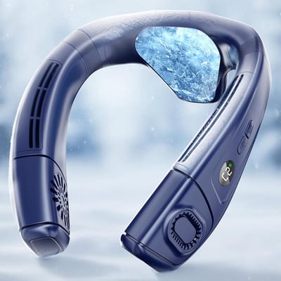 Draagbare persoonlijke ventilator, ergonomische nekventilator met koelplaat, oplaadbare Type-C-batterij van 8000 mAh, display met 3 LED’s, 3 windstanden, geschikt voor buiten, op reis en binnenshuis