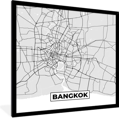 Fotolijst incl. Poster Zwart Wit- Bangkok - Stadskaart - Plattegrond - Zwart Wit - Kaart - 40x40 cm - Posterlijst