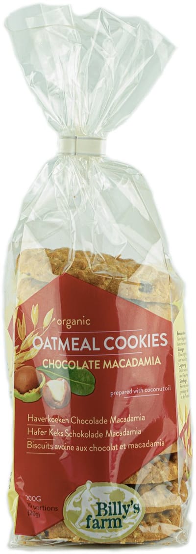 Billy's Farm Biologische Haverkoeken chocolade macadamia (DOOS 8x200 gram grootverpakking) NL-BIO-01