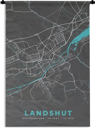 Wandkleed - Wanddoek - Duitsland – Blauw – Landshut – Stadskaart – Kaart – Plattegrond - 120x180 cm - Wandtapijt