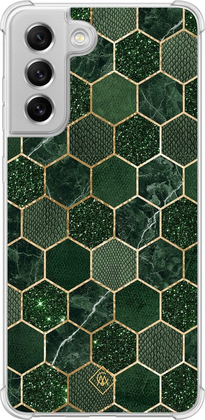 Casimoda® hoesje - Geschikt voor Samsung Galaxy S21 FE - Kubus Groen - Shockproof case - Extra sterk - Siliconen/TPU - Groen, Transparant