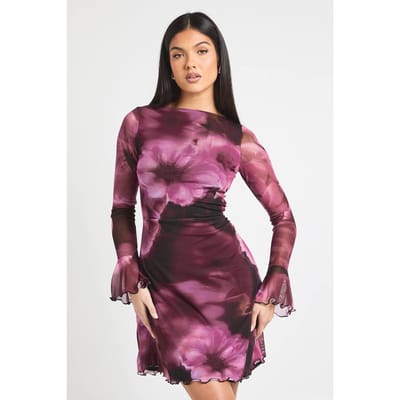 boohoo Dames Lange Bloemen A-Lijn Mesh Mini Jurk | Burgundy | Maat: 6