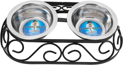 Verhoogde Voerbak - Dubbele Voerbak Huisdier - Comfortabel Eten - Smeedijzeren Frame - 2x 1 Pints - Roestvrij Staal