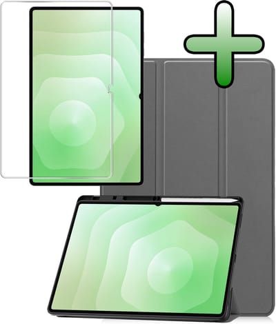 Hoesje Geschikt voor Samsung Galaxy Tab S11 Ultra - Met Screenprotector - Trifold Bookcase - Hard Cover Case - Met Uitsparing Geschikt voor S Pen - Hardcover Book - Tablet Hoes - Grijs