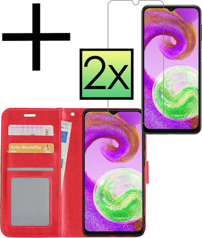Hoesje - Met 2x Screenprotector - Geschikt voor Samsung Galaxy A04s - Luxe Pasjeshouder - Bookcase Portemonee - Flip Case - Kunstleer Book Case - Flipcase Hoes - Book Cover - Walletcase - Portemonneehoes - Rood