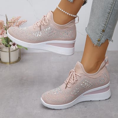 Dames Glanzende Strass Wedge Sneakers Ademend Gebreid Antislip Wandelschoenen Vrouw Plus Size Mode Dikke Zool Witte Sneakers 36 white