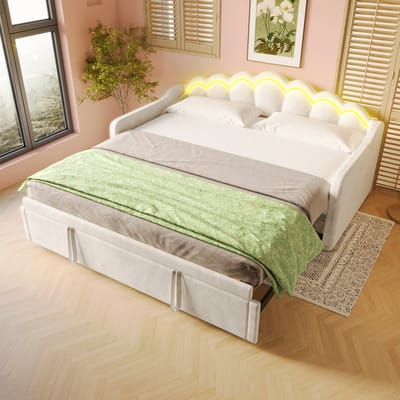 MODFU Dagbed met Uitschuifbed 90x200 cm – 180x200 cm uitgeklapt – Golvend hoofdbord – LED – Fluweel beige – Bedbank