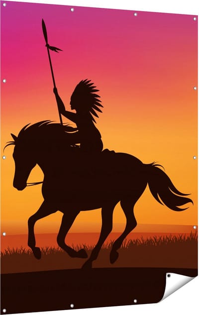 Gards Tuinposter Silhouet van een Indiaan op een Paard - 120x160 cm - Tuindoek - Tuindecoratie - Wanddecoratie buiten - Tuinschilderij