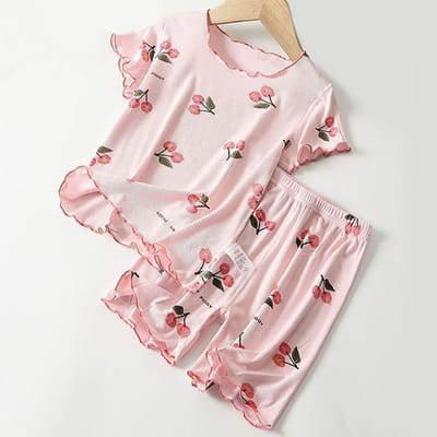 Ensemble de Pyjama d'Été pour Filles Imprimé Fleurs de Cerisier Short Extensible dans les 4 Sens & T-shirt Mélange de Modal Respirant pour l'Heure du Coucher et les Moments de Jeu pour 1-8 Ans Size 100 (3-4 Years) white
