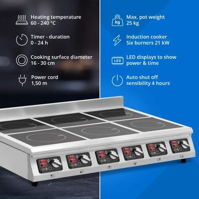 Inductiekookplaat - 6 x 28 cm - 60 tot 240 °C - 400 V - timer - Royal Catering RCIC-6006T