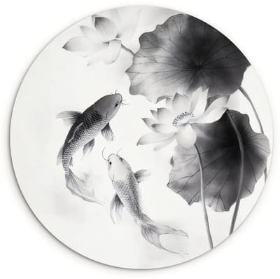 WallCircle® Wandcirkel 120x120 cm - Muurcirkel Lotusbloemen - Vissen - Bladeren - Zwart - Muurdecoratie woonkamer - Wanddecoratie slaapkamer - Kamer decoratie accessoires - Ronde schilderijen XXL