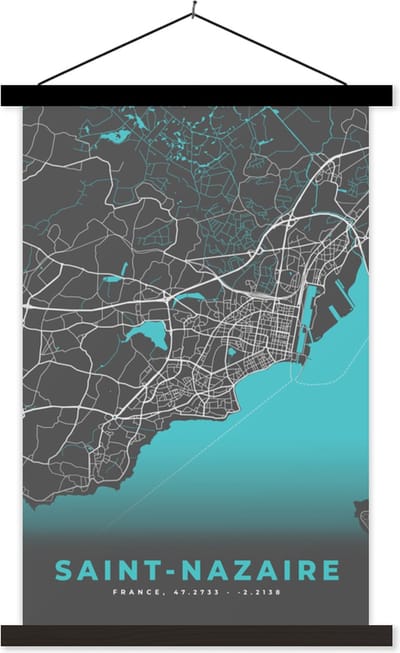 Posterhanger incl. Poster 40x60 cm - Schoolplaat - Frankrijk – Saint-Nazaire – Stadskaart – Plattegrond – Kaart - Textielposter - Zwarte latten - Stadskaart