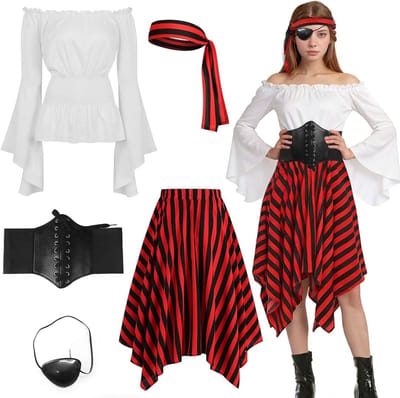 Piratenkostuum voor Vrouwen - Middeleeuwse Piratenjurk met Top, Rok, Hoofddoek, Riem en Oogmasker voor Halloween en Carnavalskleding