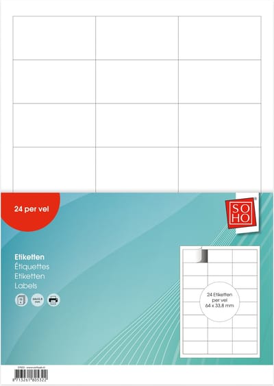 SOHO Etiketten – Stickervellen – Zelfklevende etiketten – Labels – 24 etiketten per vel – Geschikt voor de printer – 6,4 x 3,4 cm – 240 stuks