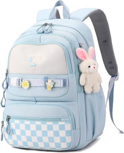 Kawaii Geruite Tiener Rugzak met Konijn Knuffel Sierhanger - Schattige Lichtgewicht Schoolrugzak voor Tieners - Meervaks Waterbestendige Studententas voor Middelbare School