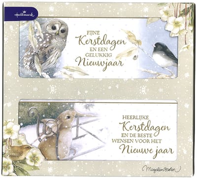 Hallmark - Marjolein Bastin - 24 Kerstkaarten - 2 Luik - Uil - Konijn - Goudfolie - Kerst - Nieuwjaar - 21 x 9 cm