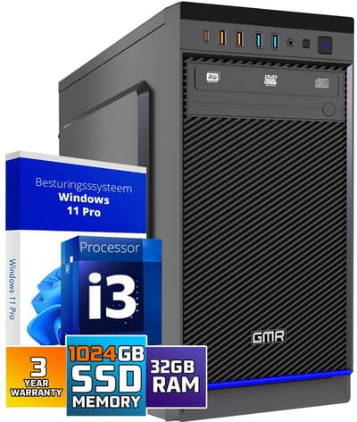 GMR Business Desktop PC – Intel Core i3 – 32GB RAM – 1TB SSD – Windows 11 Pro – Ideaal voor Kantoor, Thuiswerken & Studie