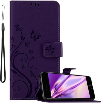 Cadorabo Hoesje geschikt voor Apple iPhone 7 / 7S / 8 / SE 2020 in BLOEMEN DONKER PAARS - Beschermhoes in bloemmotief met magnetische sluiting, standfunctie en kaartsleuven Book Case Cover Etui