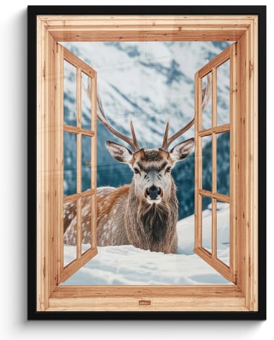 Poster in lijst - Fotolijst 50x70 cm - Posters - Doorkijk - Hert - Landschap - Winter - Natuur - Dieren - Bergen - Posterlijst zwart - Decoratie - Wanddecoratie woonkamer - Muurdecoratie slaapkamer