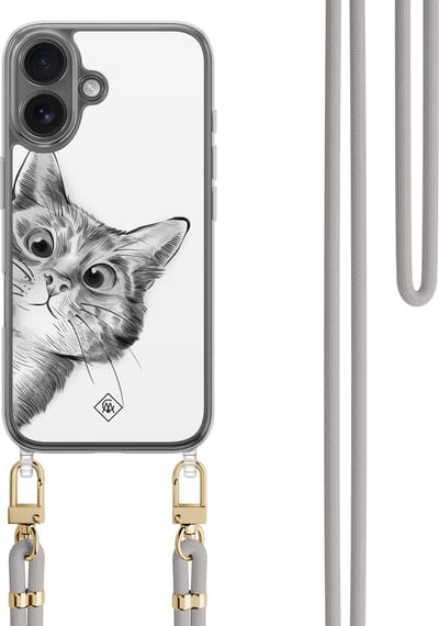 Casimoda® hoesje met koord - Geschikt voor iPhone 16 - Peekaboo Kat - Afneembaar koord - TPU/polycarbonaat - Grijs