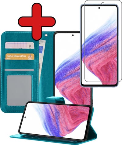 Hoesje - Met Screenprotector - Geschikt voor Samsung Galaxy A53 - Luxe Pasjeshouder - Flipcase - Bookcase Portemonee - Flip Case - Kunstleer Book Case - Book Cover - Walletcase - Portemonneehoes - Telefoonhoes - Turquoise