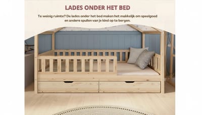 Cabin Bed 200x90 cm met Lades – Casa Velluto Montessori Hutbed Kinderbed – Natuurlijk Houten Peuterbed met Veiligheidshek, Opberglades en Lattenbodem – Scandinavisch Vloerbed voor Jongens en Meisjes