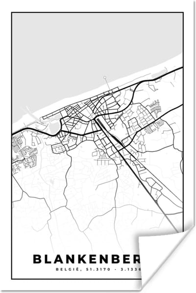 Poster Zwart Wit – België – Plattegrond – Stadskaart – Kaart – Blankenberge - 120x180 cm XXL