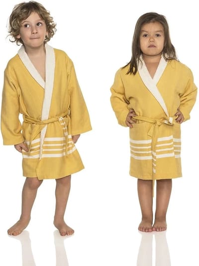 Hamam Kinderbadjas Mustard Yellow - 6-7 jaar - jongens/meisjes/uniseks - badjas kind / kinderen - badjas kind badstof - zwembadjas - 6-7 jaar - jongens/meisjes/unisex pasvorm - comfortabele sjaalkraag - kinder badjassen - kinder badjas badstof