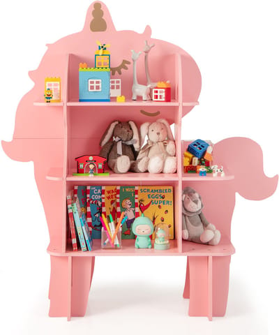 COSTWAY Kinderrek, 3 niveaus, houten speelgoedrek met open planken, schattige boekenplank, kinderkamerrek voor kinderkamer, speelkamer, kleuterschool (roze, eenhoorn)